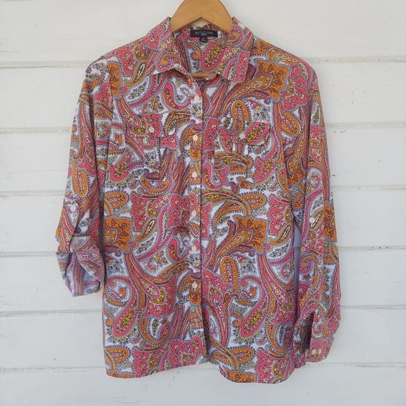 Pink and Orange Paisley Long Sleeve Button Down Shirt Size Medium - Picture 1 of 6